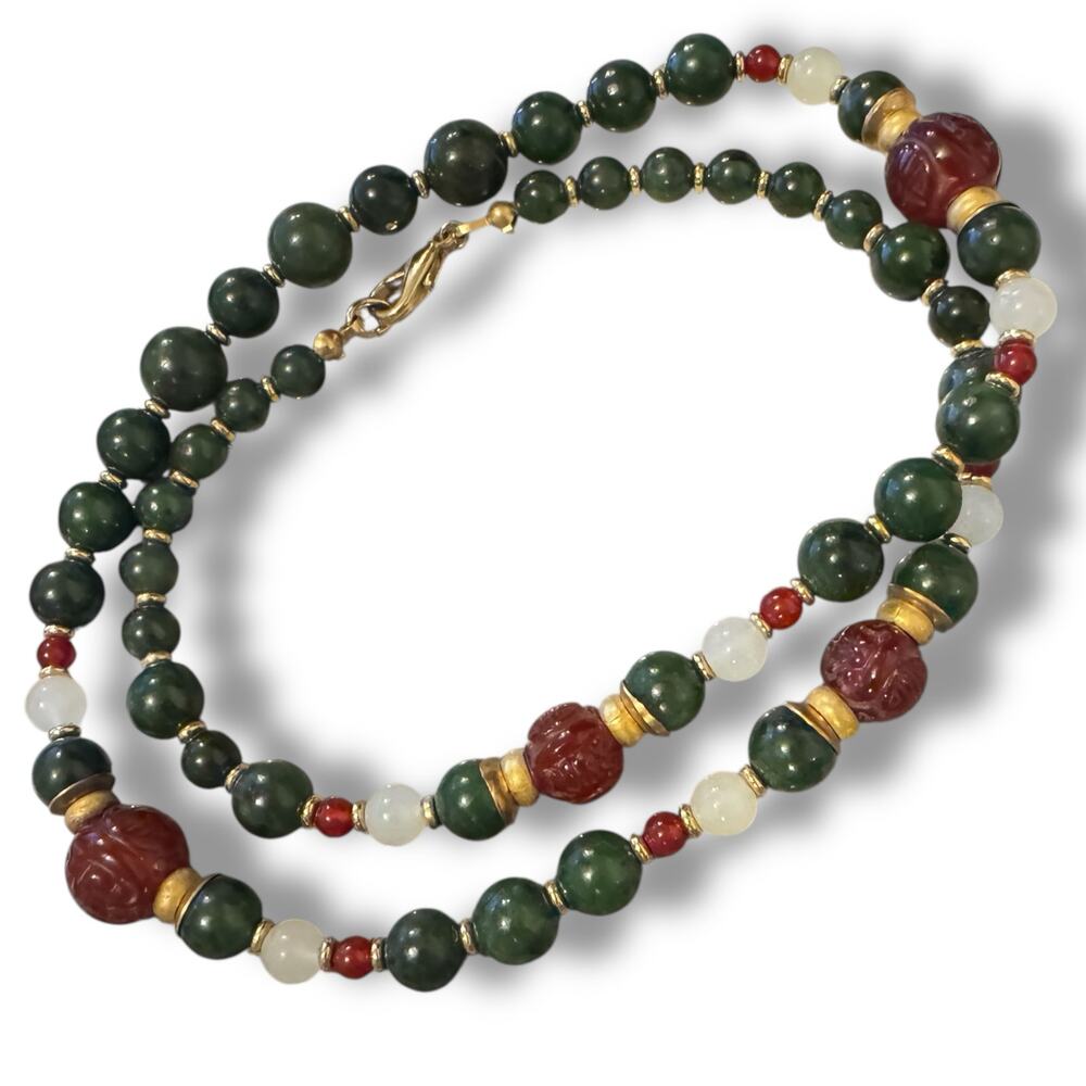 Vintage Jade & Carved Carnelian Necklace Chinese 18K Gold Plated Accents 22”